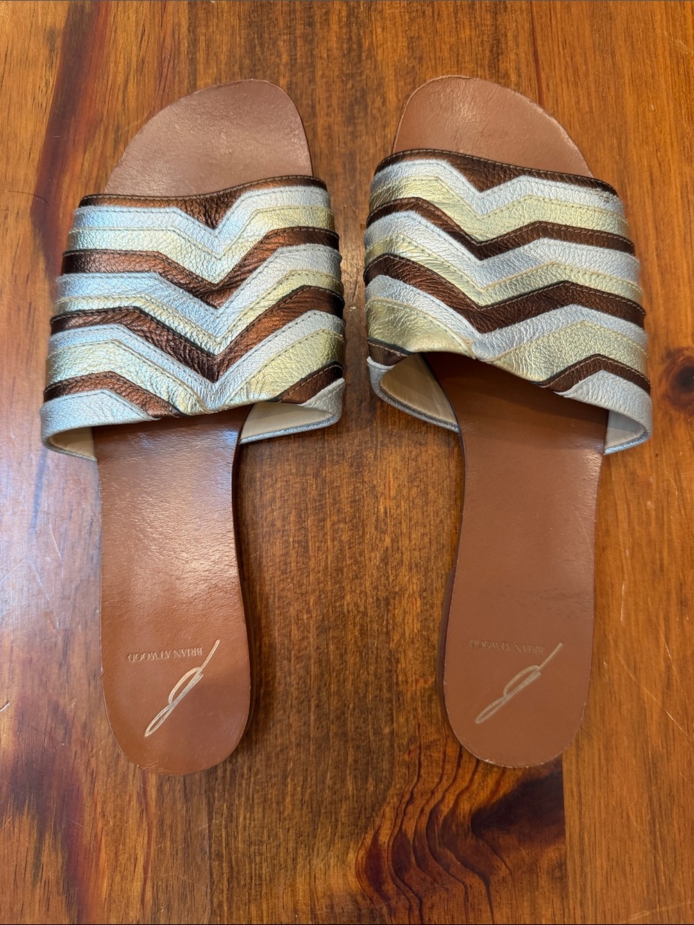 Brian Atwood Chevron Metallic Slide Sandals - Gold & Brown